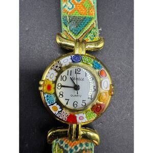 VENICE Murano Art Glass Millefiori Women's Watch Gold Tone Colorful Leather